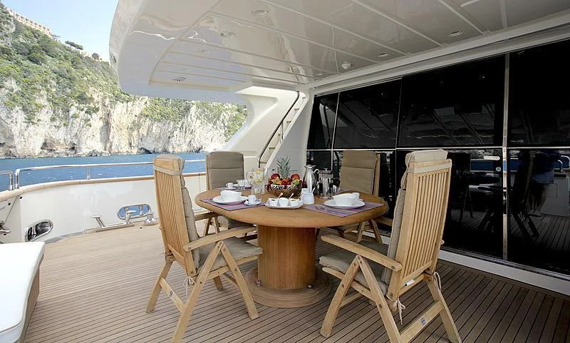 a table and chairs on a deck aboard SOHO Yacht for Sale