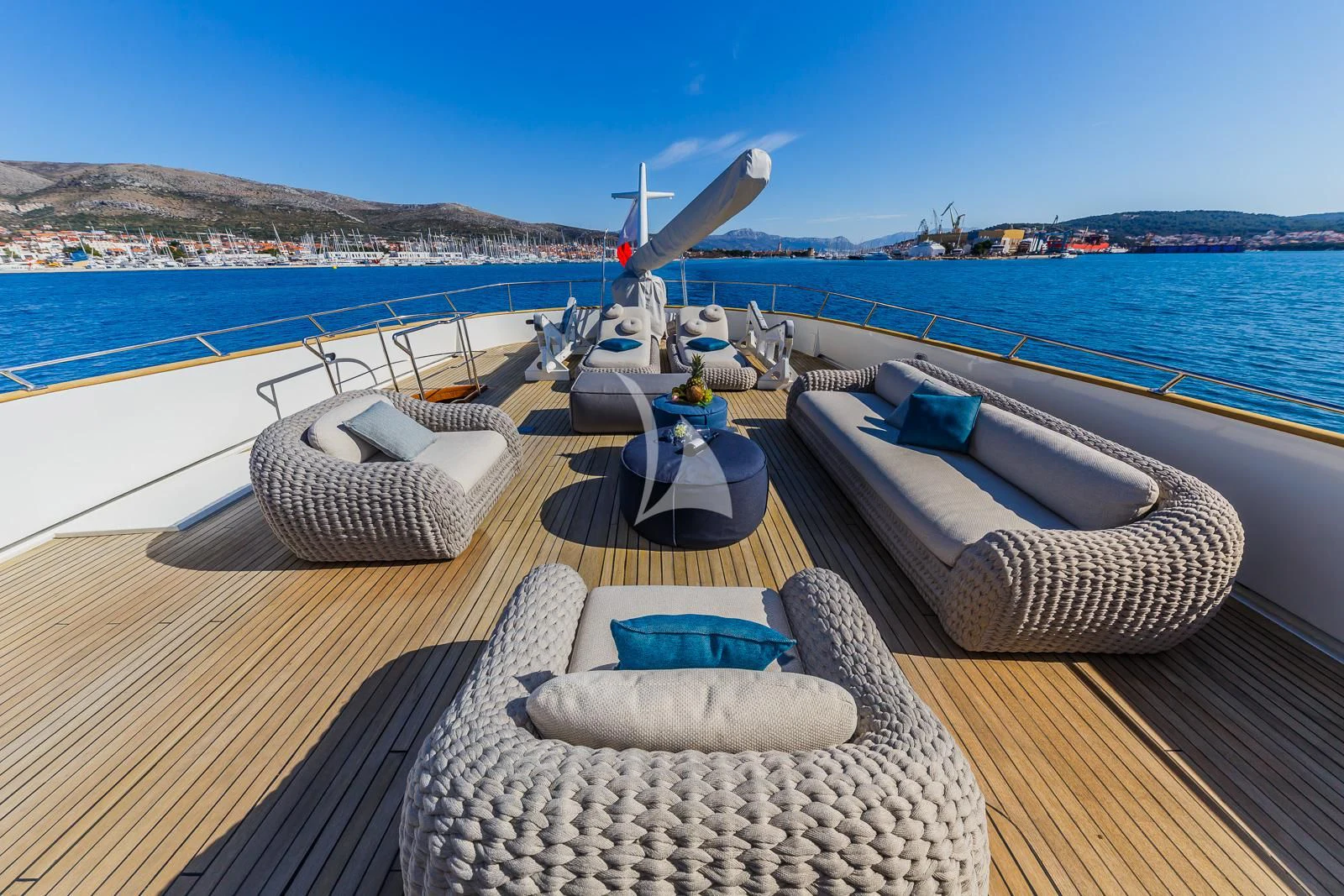 a deck with a pool and a boat on it aboard TO JE TO Yacht for Sale