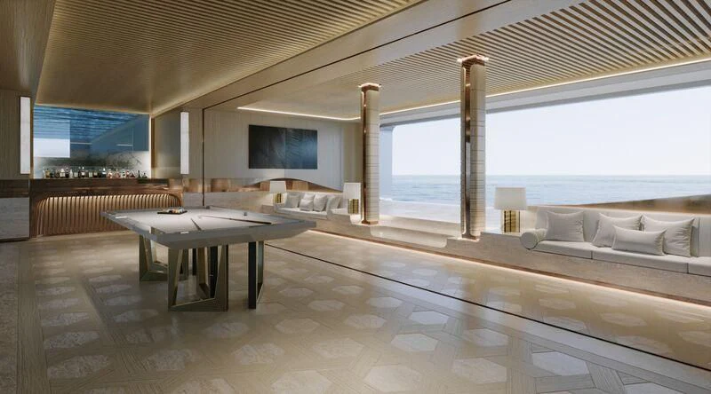 a room with a table and a bed aboard ELF Yacht for Sale