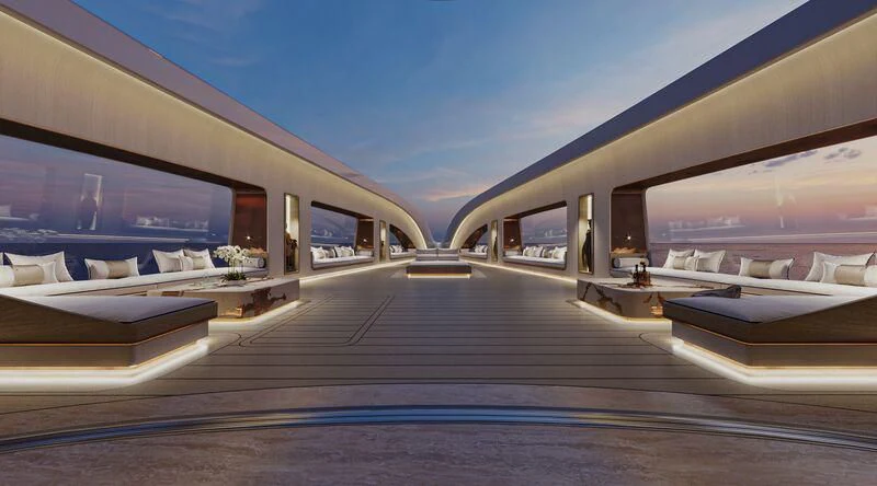 a building with a curved roof aboard ELF Yacht for Sale