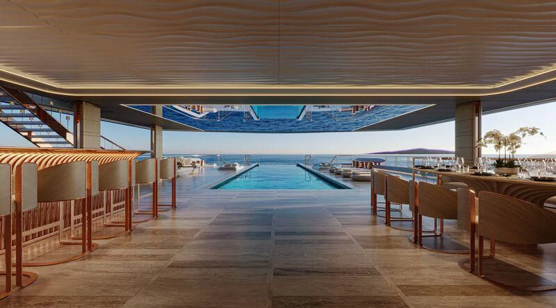 a swimming pool in a building aboard ELF Yacht for Sale