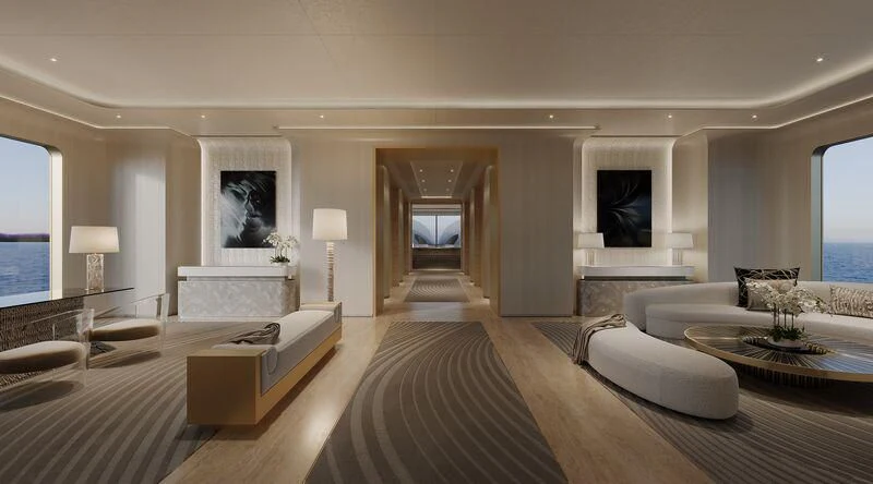 a large modern looking living room aboard ELF Yacht for Sale