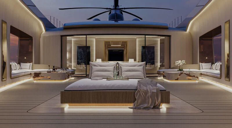 a large room with a bed and a table aboard ELF Yacht for Sale