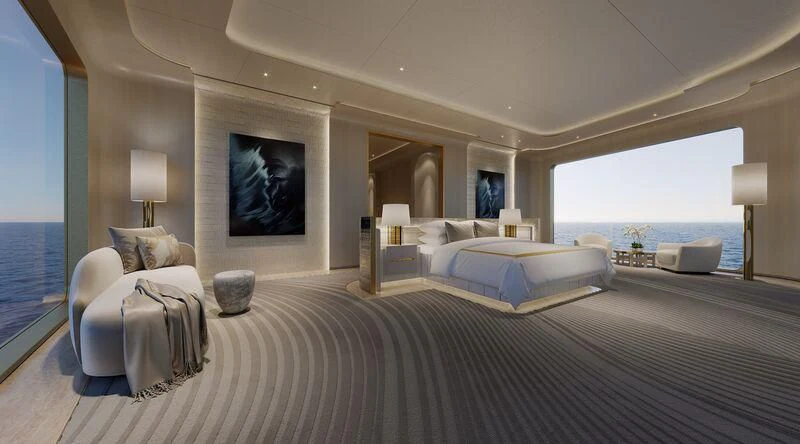 a large bedroom with a large bed aboard ELF Yacht for Sale