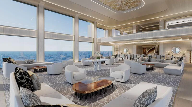 a large living room with a large glass window aboard ELF Yacht for Sale