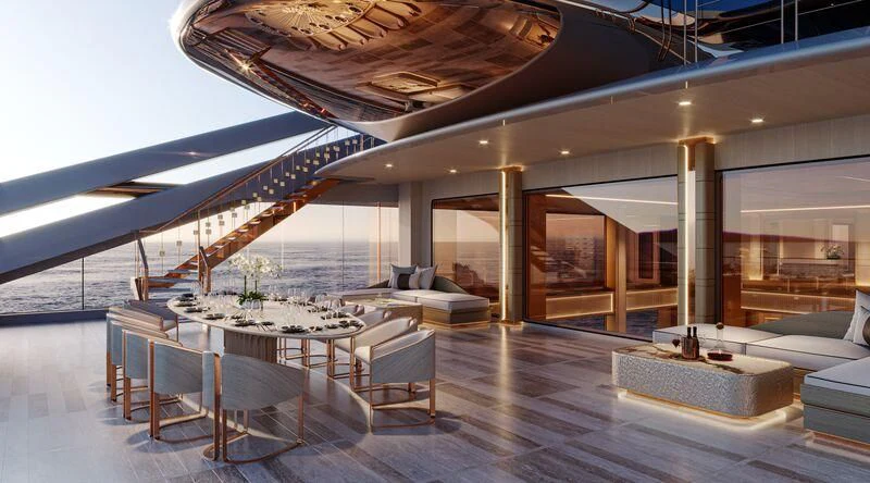 a large room with tables and chairs aboard ELF Yacht for Sale