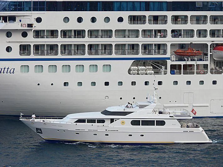 a large white ship aboard ANTARES STAR Yacht for Sale