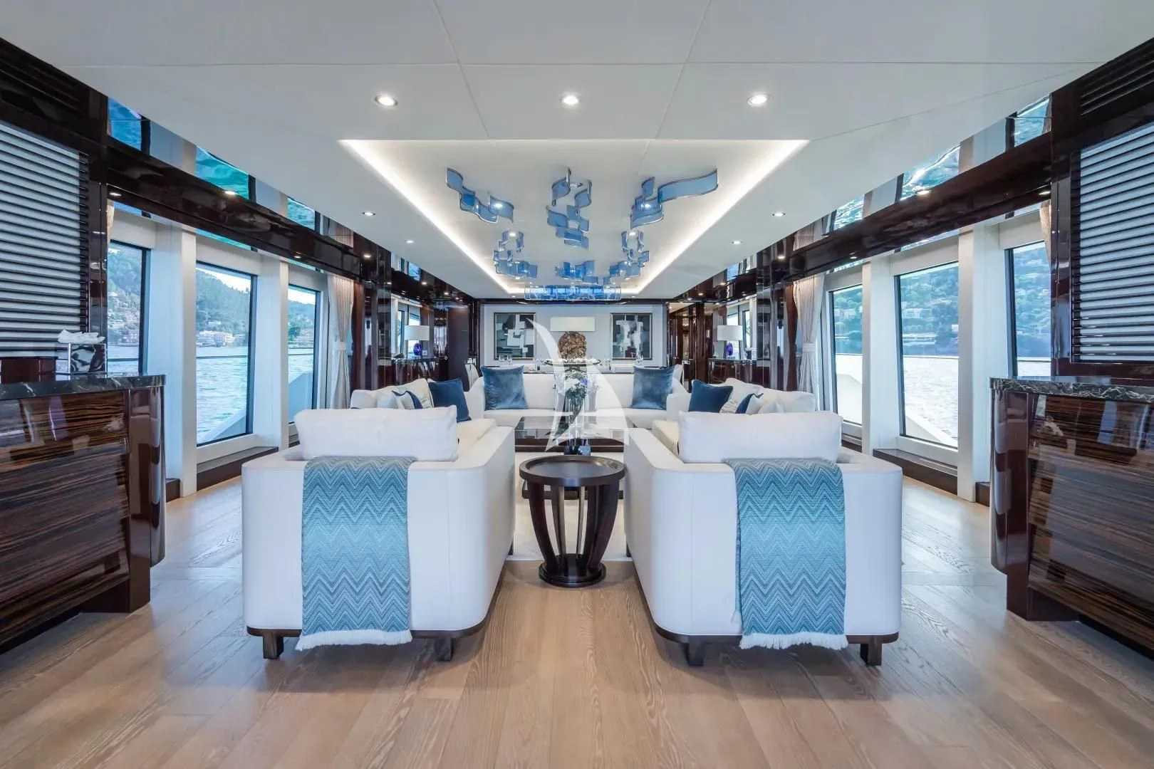 a room with a table and chairs aboard NO.9 Yacht for Sale