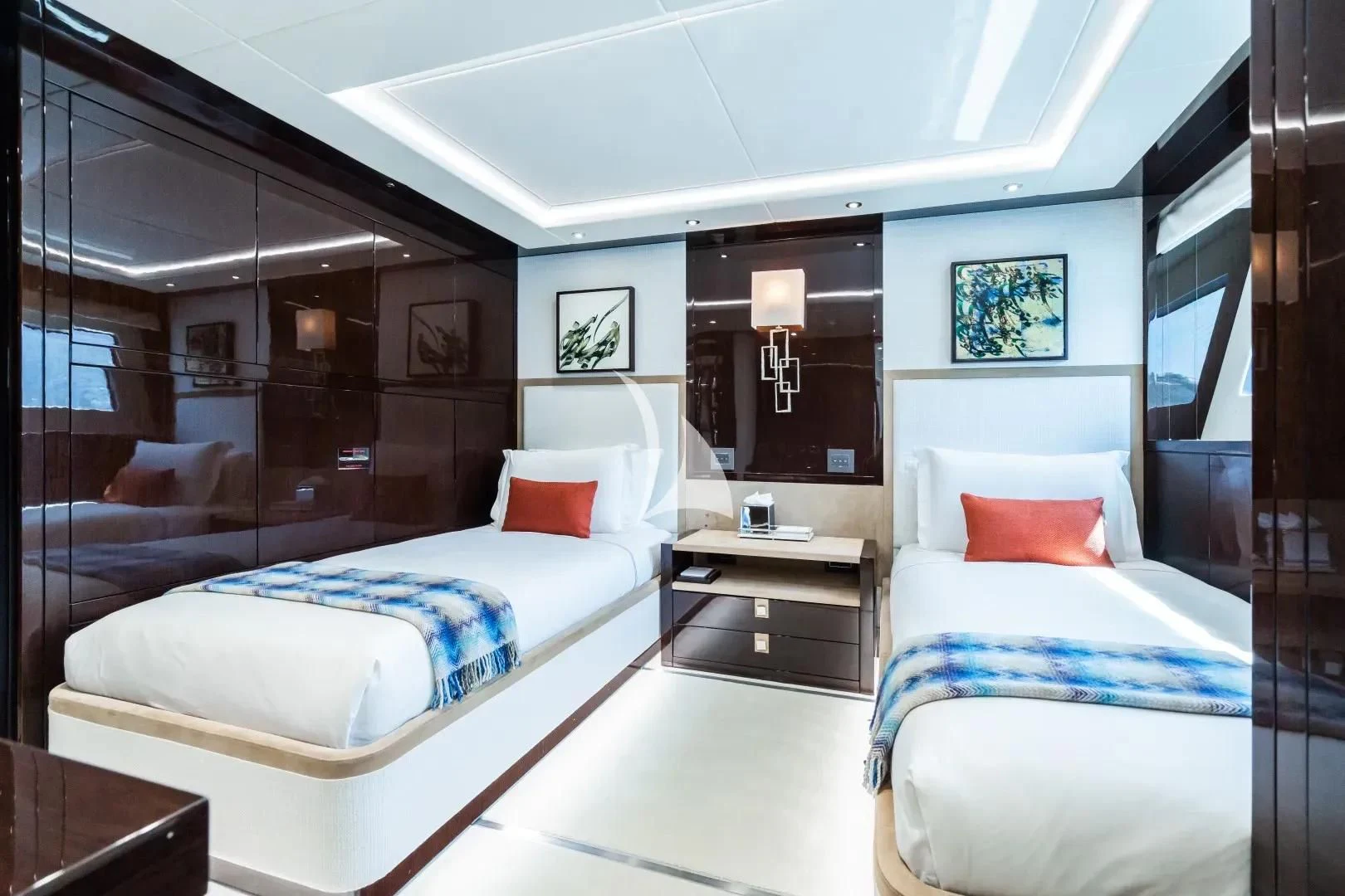 a room with two beds aboard NO.9 Yacht for Sale