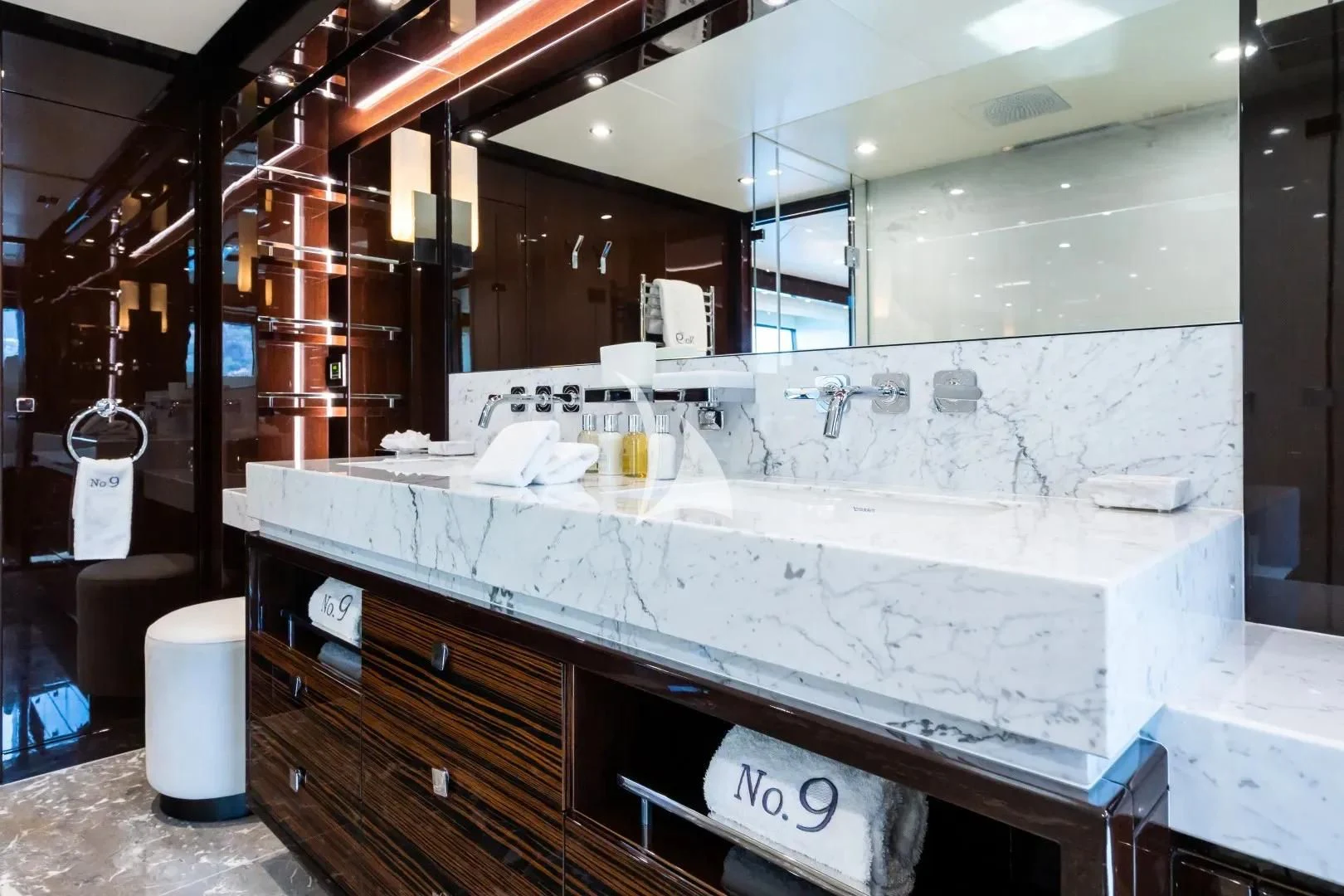 a bathroom with a large countertop aboard NO.9 Yacht for Sale