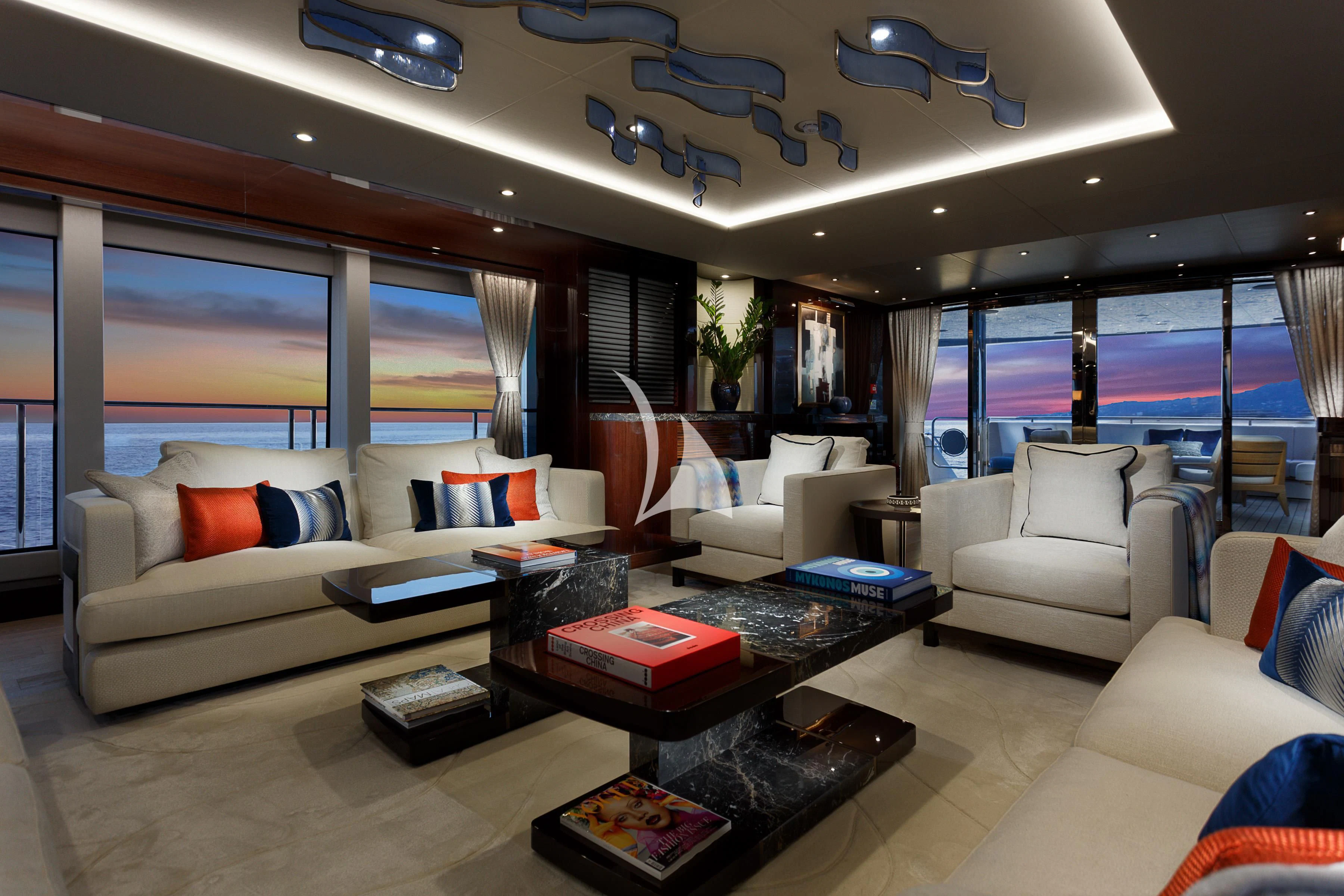 a living room with a large window aboard NO.9 Yacht for Sale