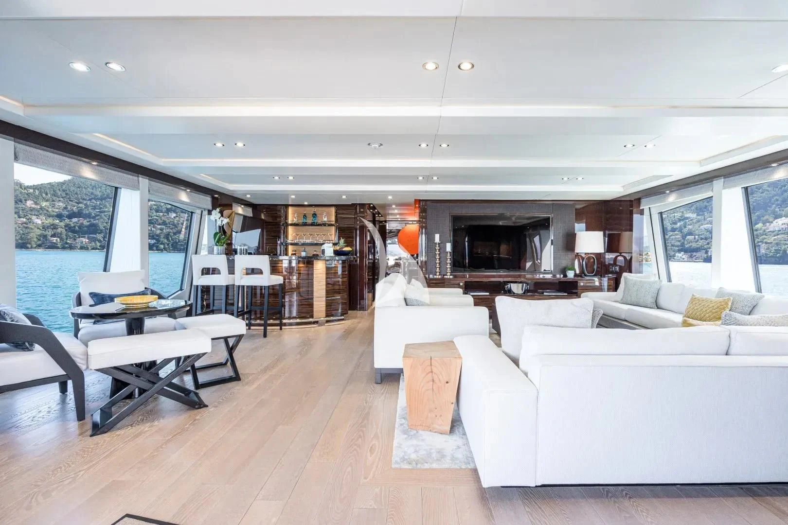 a living room with a large window aboard NO.9 Yacht for Sale