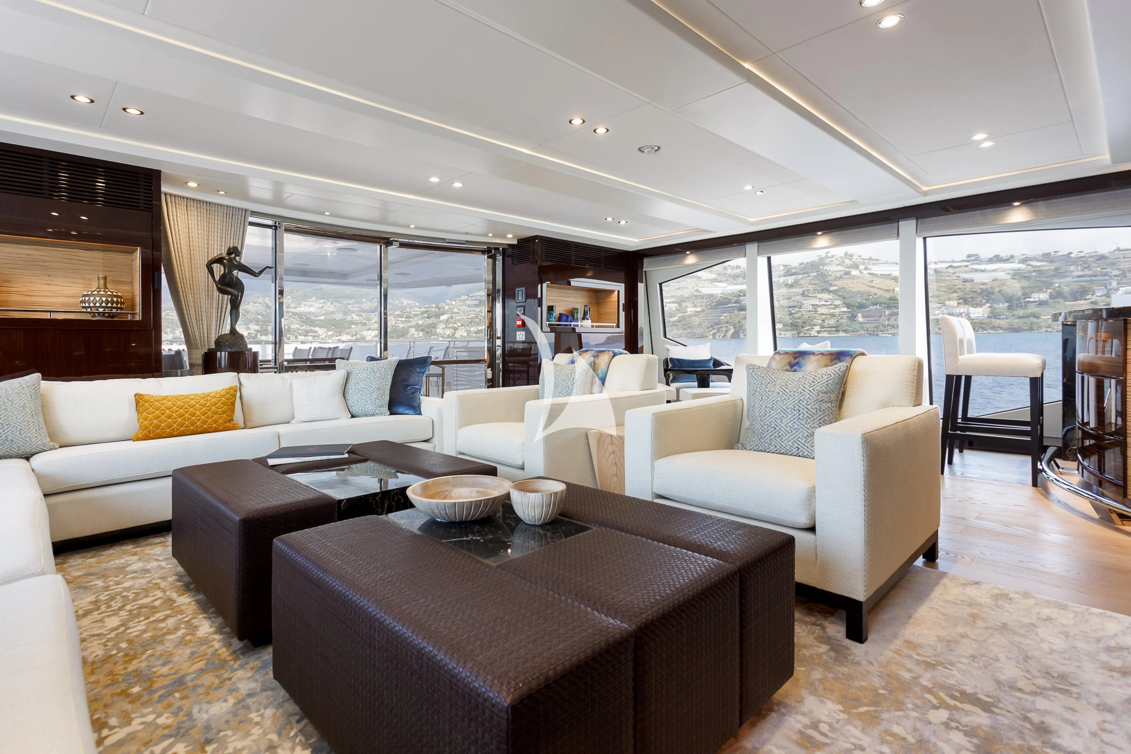 a living room with a large window aboard NO.9 Yacht for Sale