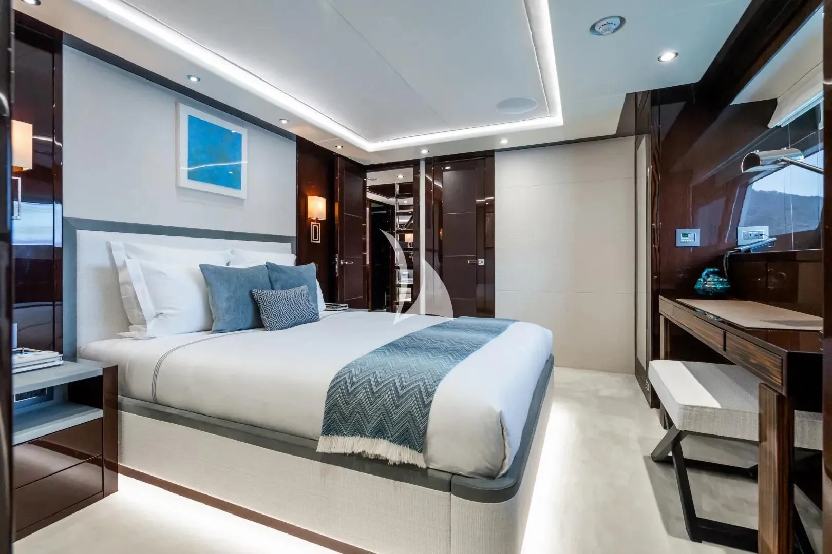 a bed in a room aboard NO.9 Yacht for Sale