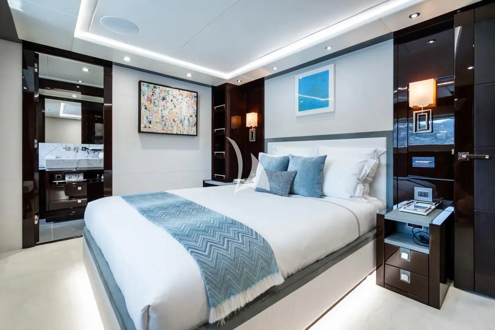 a bed in a room aboard NO.9 Yacht for Sale