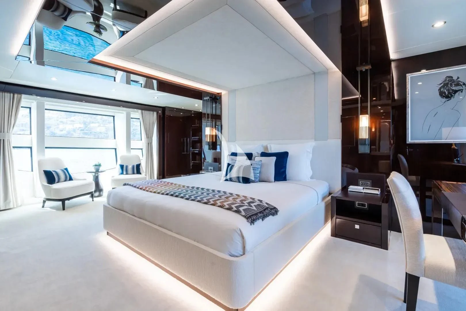 a bedroom with a large bed aboard NO.9 Yacht for Sale