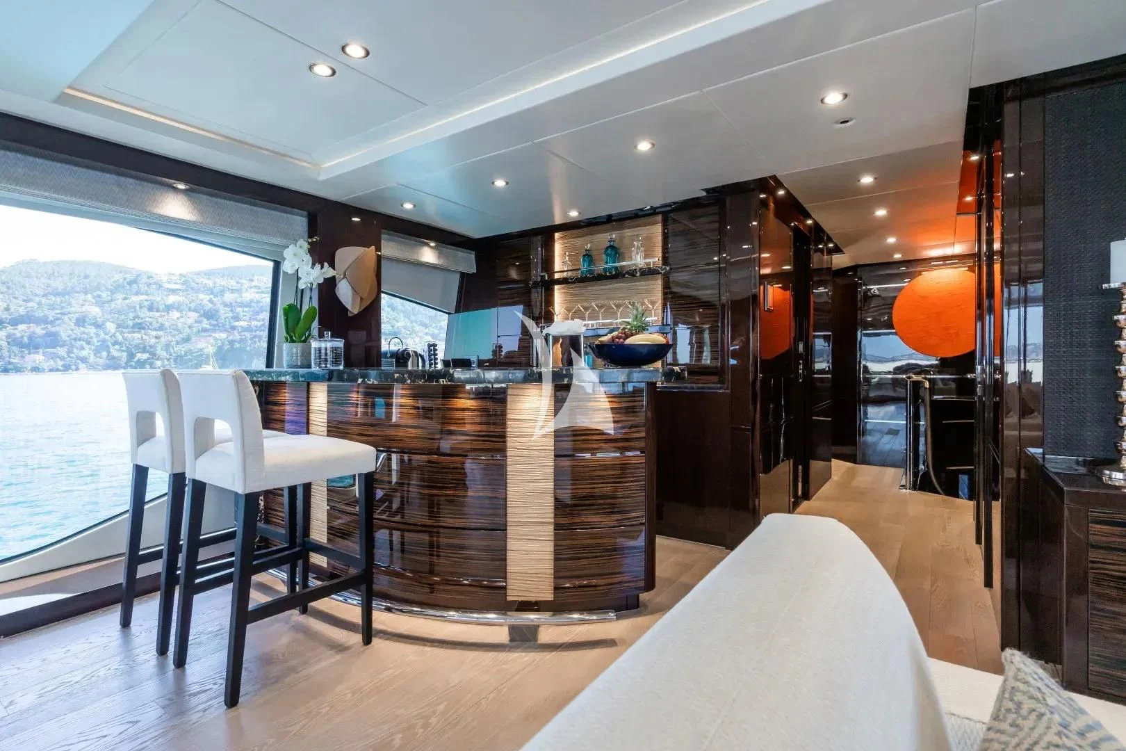 a modern kitchen with a glass wall aboard NO.9 Yacht for Sale