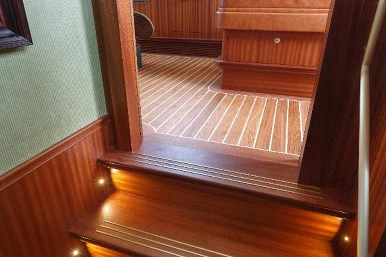 a wooden staircase with a wood floor aboard 121FT EXPLORER 37 Yacht for Sale