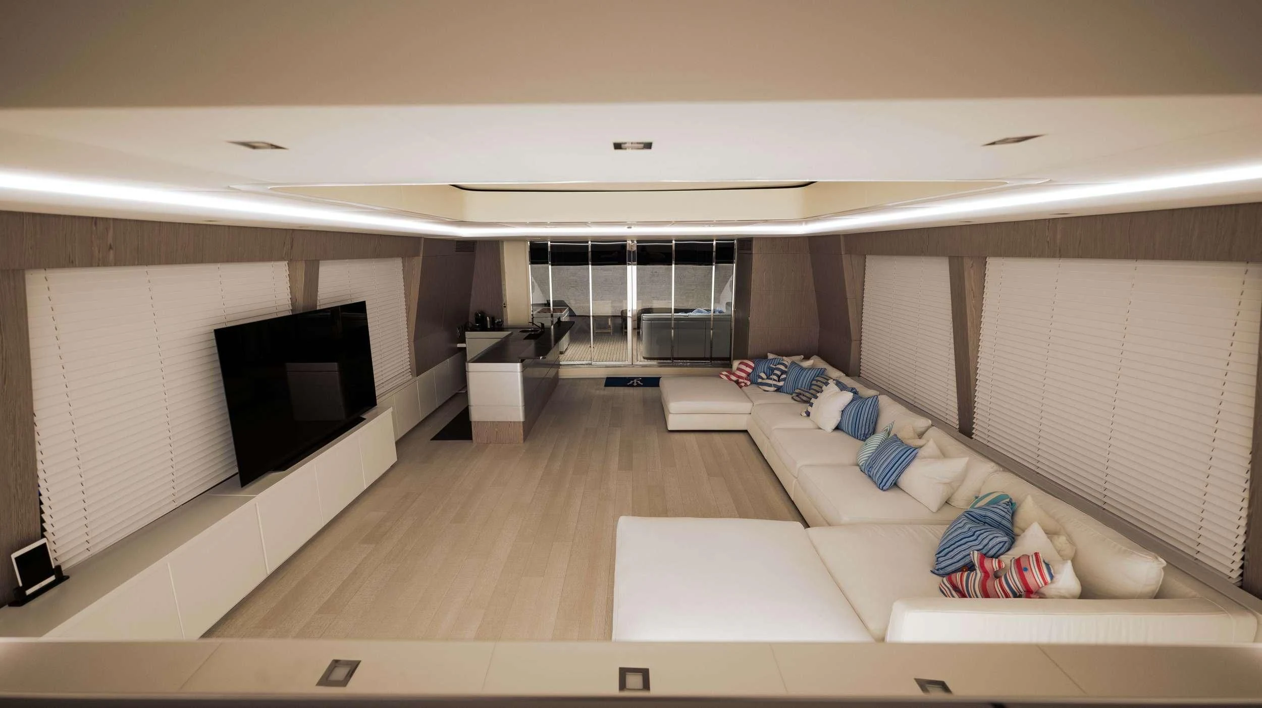 a living room with a large window aboard BLUE DEVIL Yacht for Sale