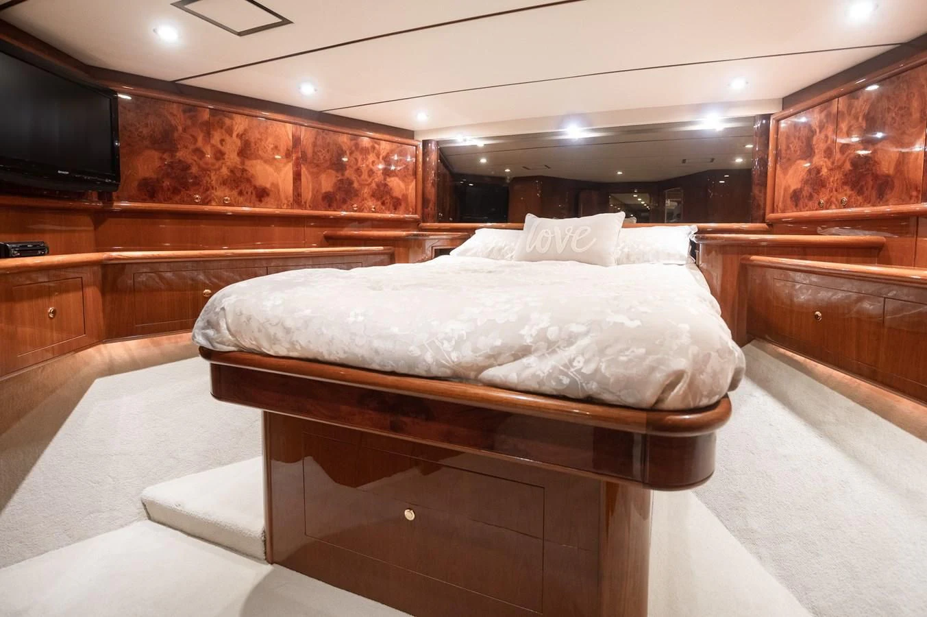 a bed in a room aboard DOLCE VITA Yacht for Sale