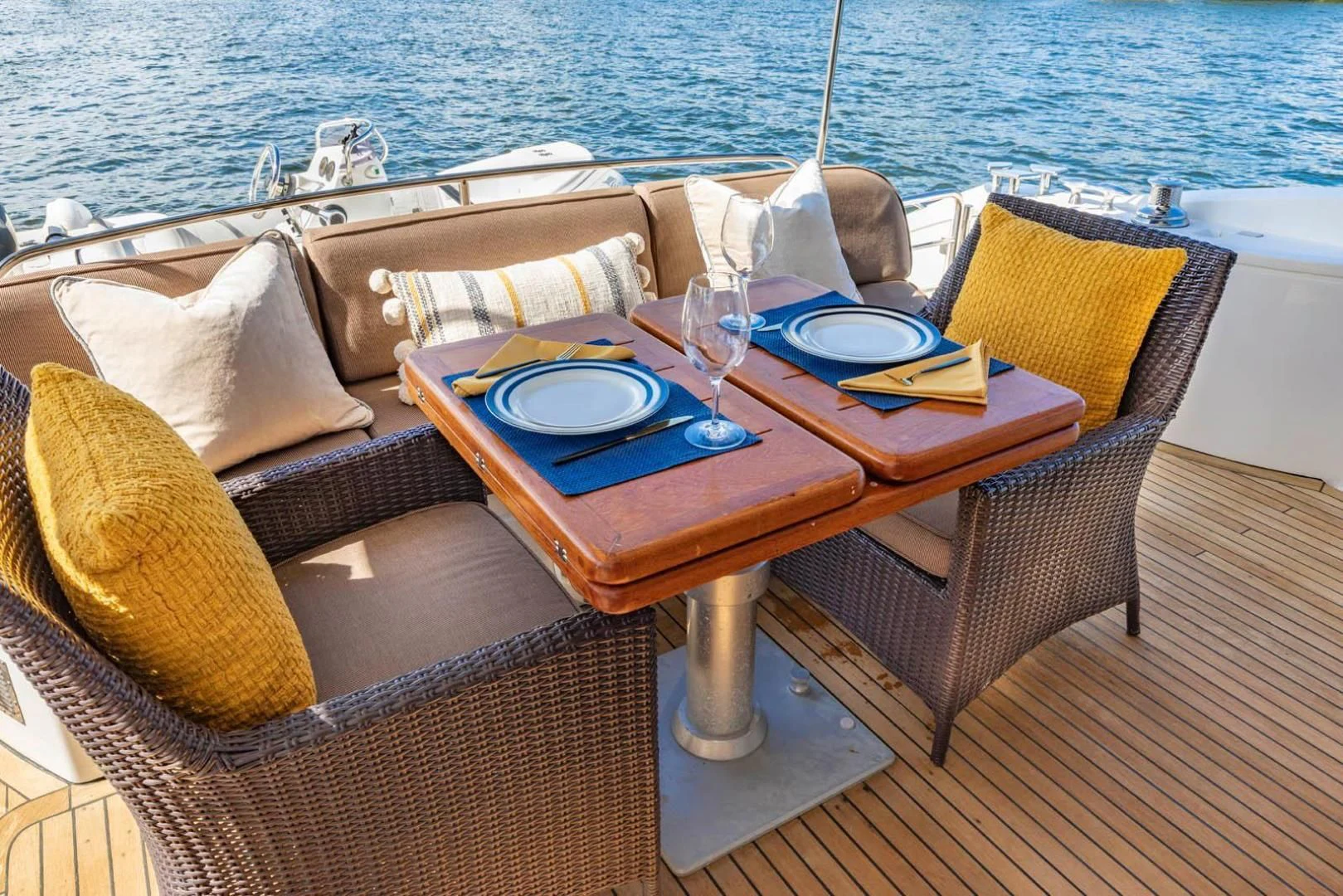 a table on a boat aboard UNFORGETTABLE Yacht for Sale