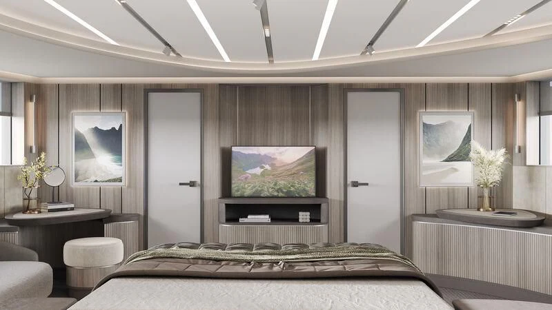 a bedroom with a large television aboard BERING 80/01 Yacht for Sale