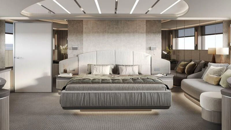 a large bedroom with a bed aboard BERING 80/01 Yacht for Sale