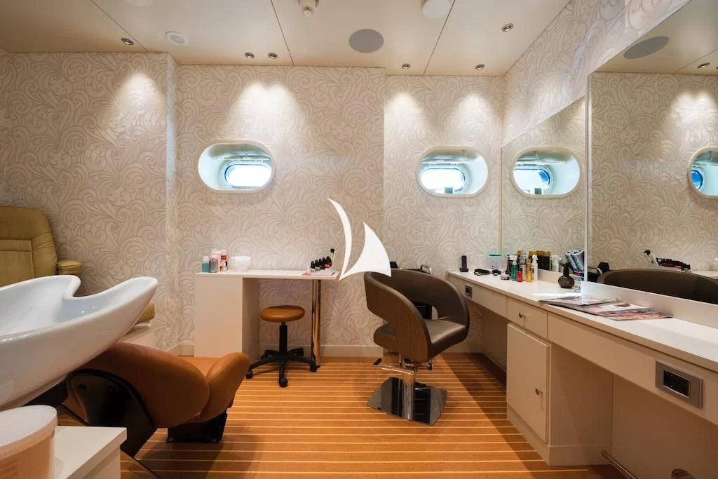 a bathroom with a large mirror aboard QUEEN MIRI Yacht for Sale