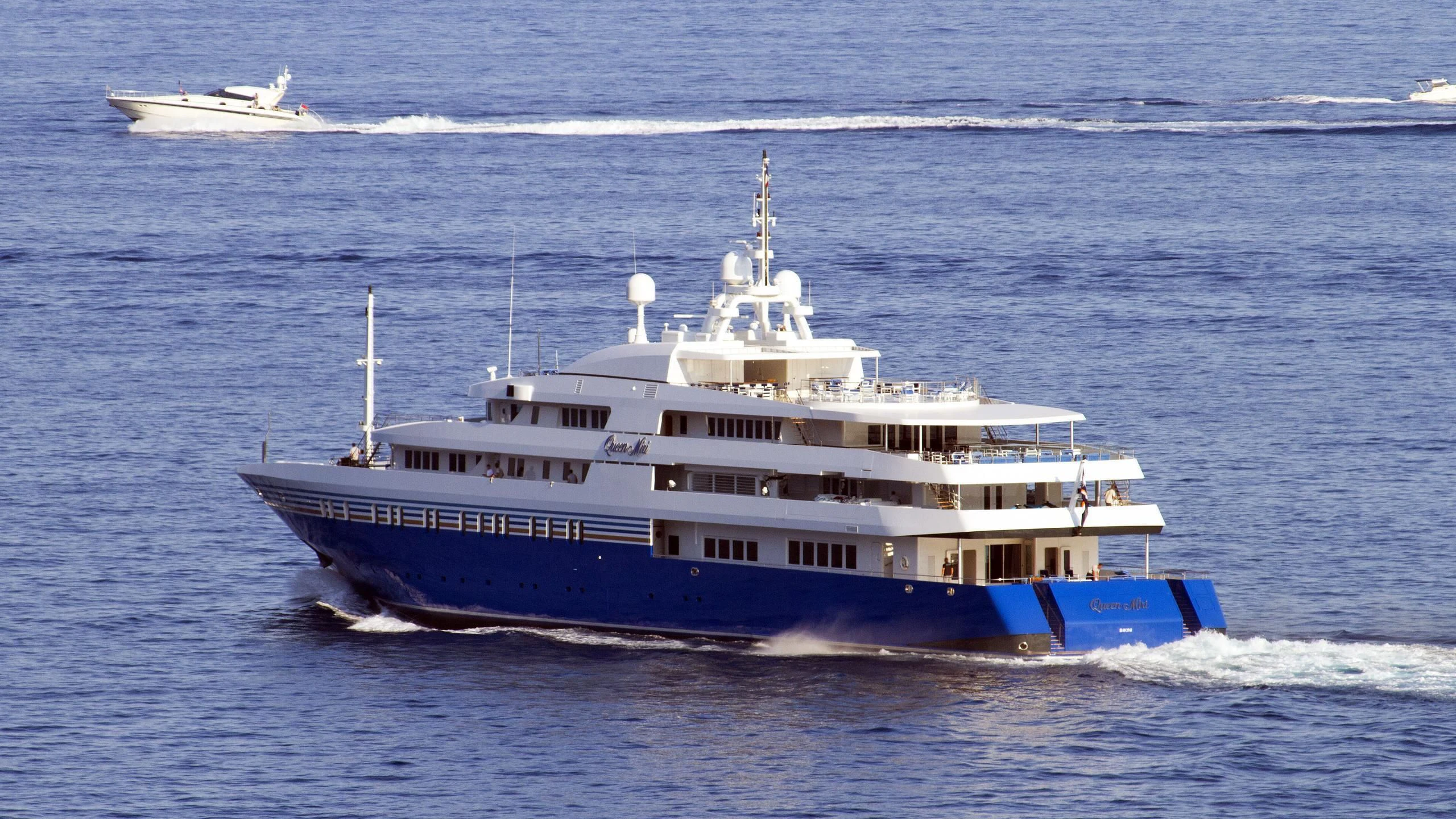 a large blue and white boat aboard QUEEN MIRI Yacht for Sale