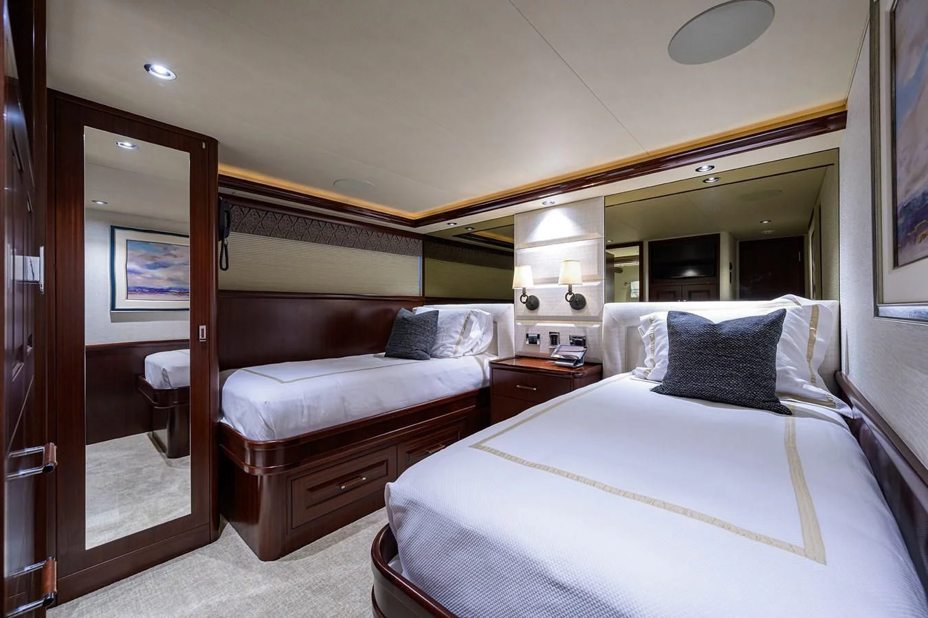a couple of beds in a hotel room aboard DETERMINATION Yacht for Sale