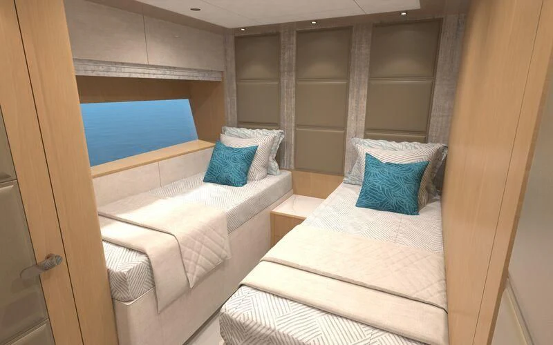 a room with two beds aboard SALT & LIGHT Yacht for Sale