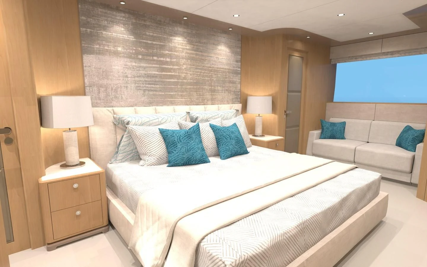 a large bed in a hotel room aboard SALT & LIGHT Yacht for Sale