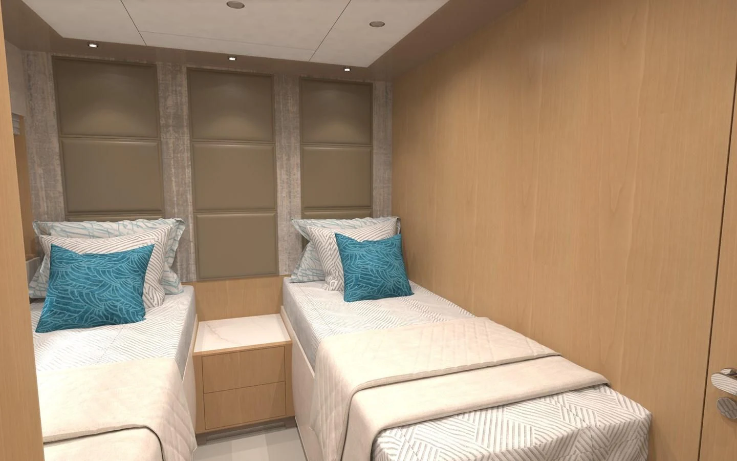 a room with two beds aboard SALT & LIGHT Yacht for Sale