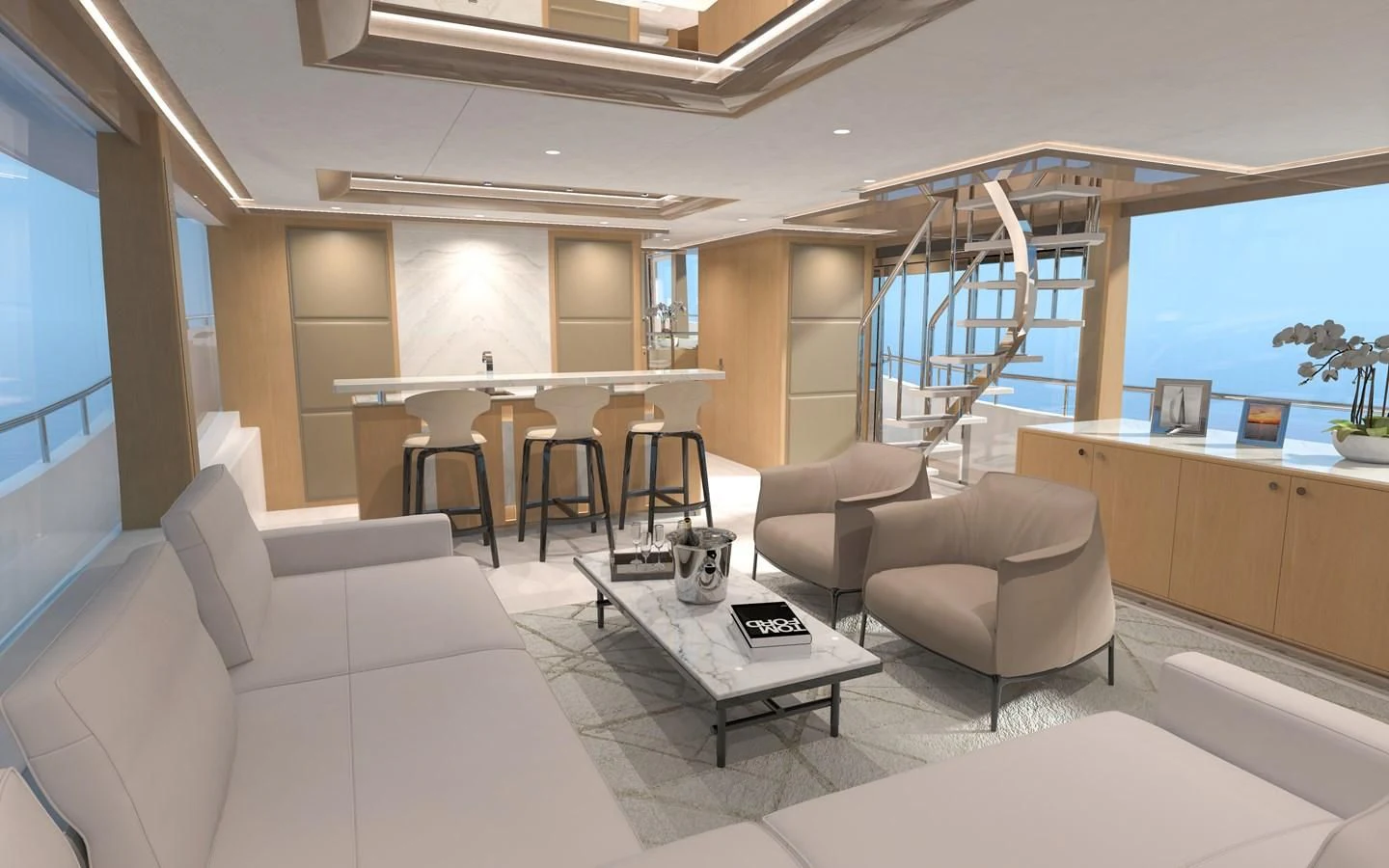 a modern looking living room aboard SALT & LIGHT Yacht for Sale