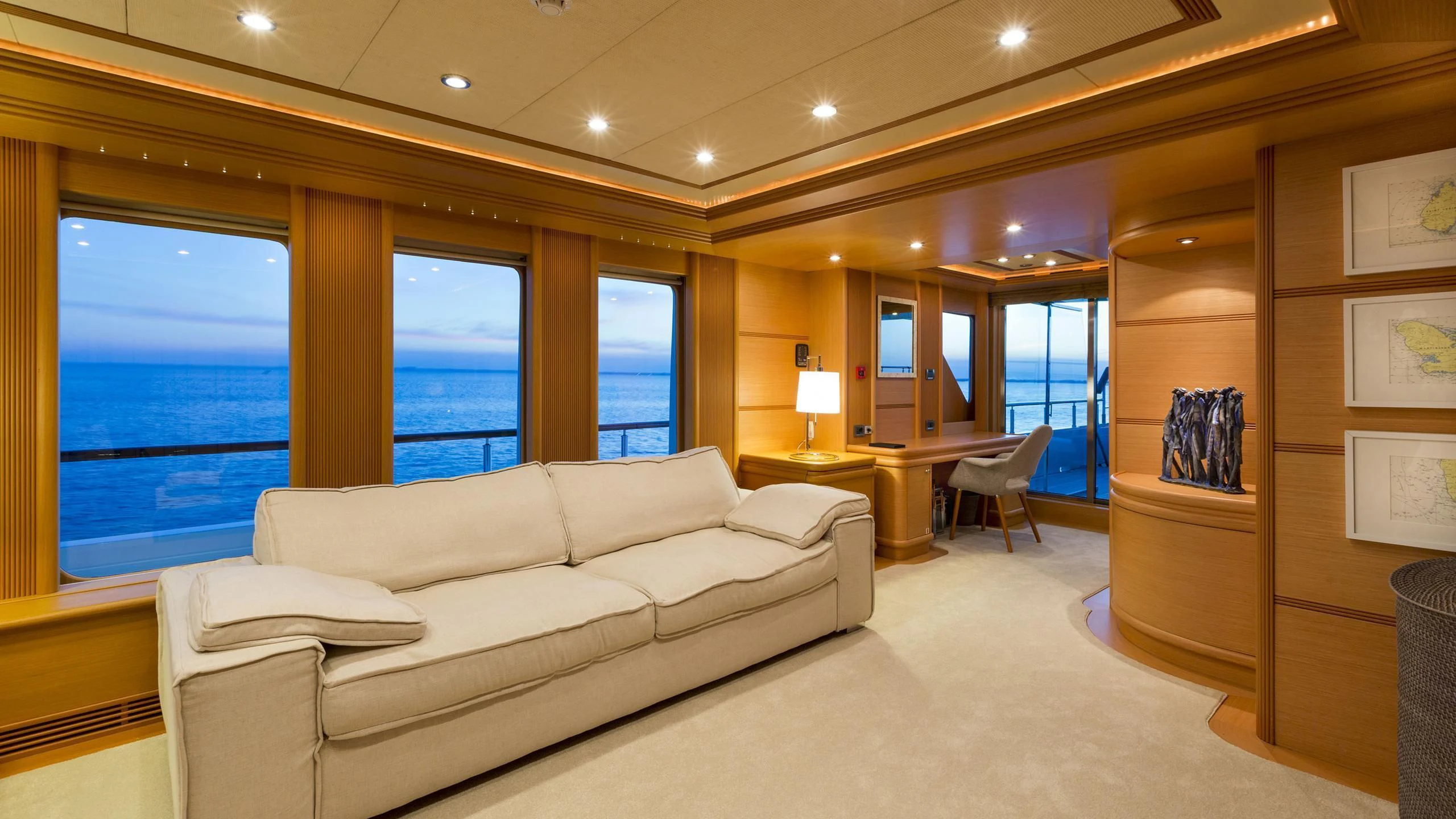 a living room with a large window aboard DEDE Yacht for Sale