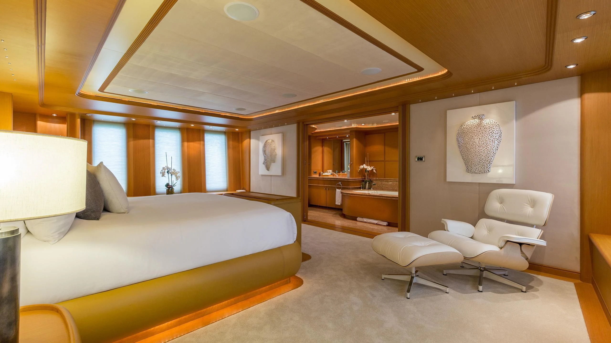 a large bedroom with a large bed aboard DEDE Yacht for Sale