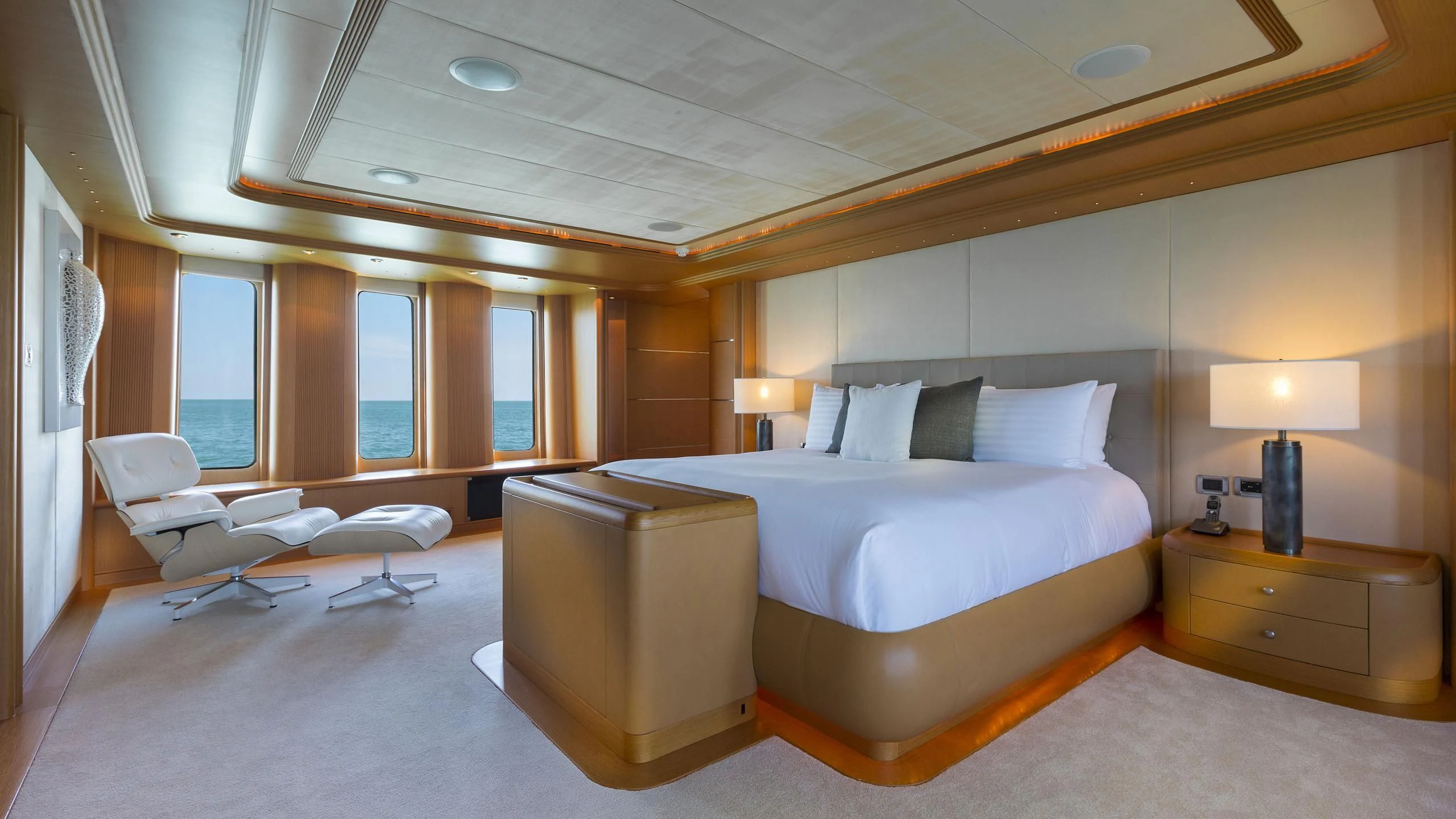 a large bedroom with a large bed aboard DEDE Yacht for Sale