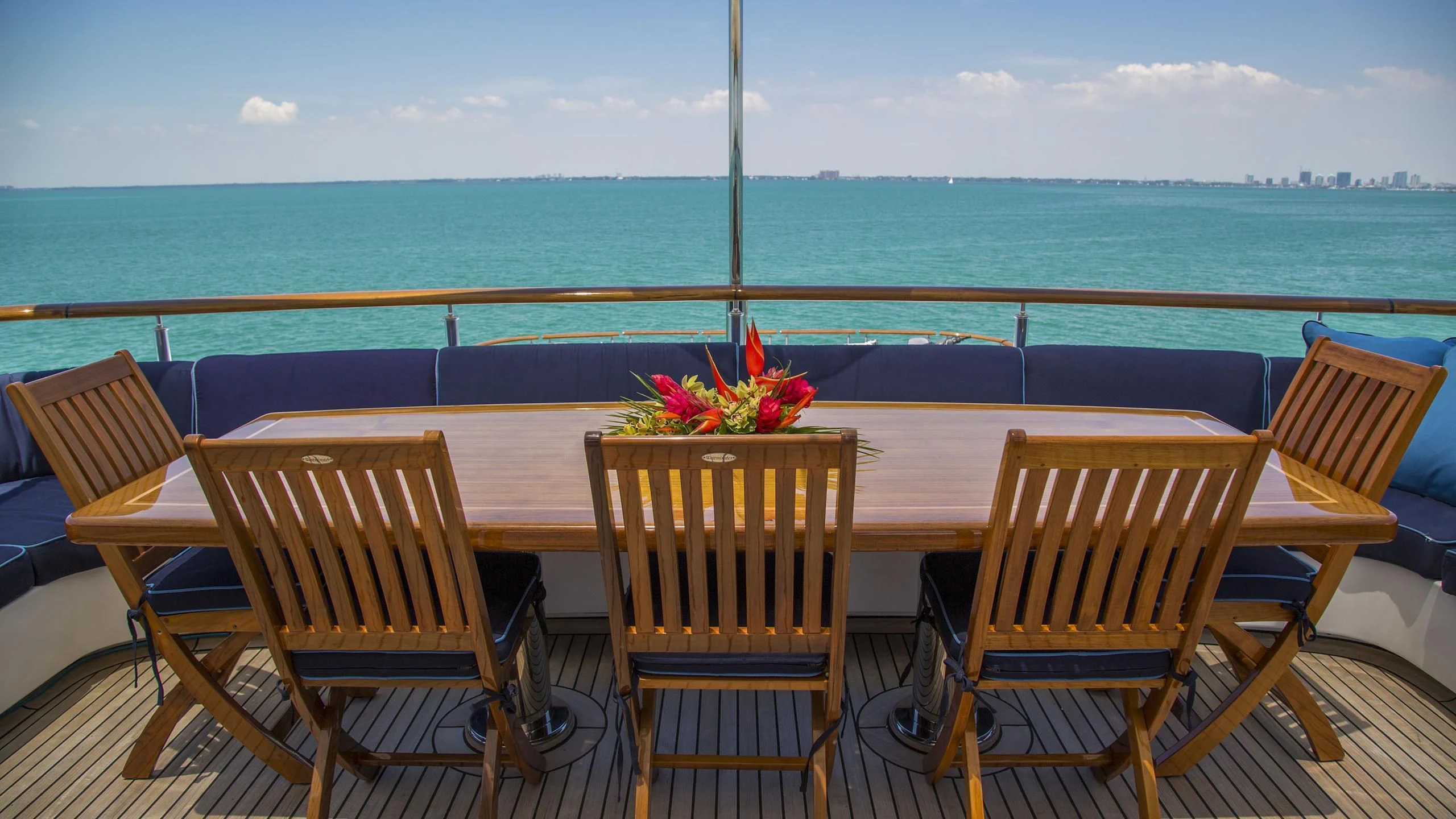 a group of chairs on a deck overlooking a body of water aboard DEDE Yacht for Sale