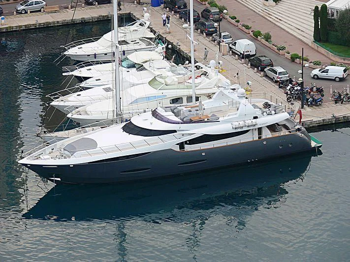 a boat docked at a pier aboard KHALILI Yacht for Sale