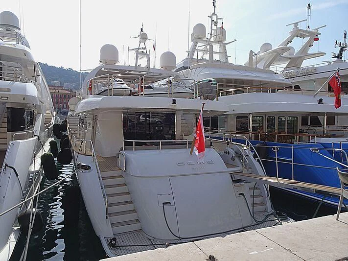 a boat docked at a pier aboard KHALILI Yacht for Sale