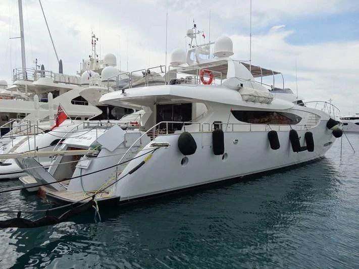 a white boat in the water aboard KHALILI Yacht for Sale
