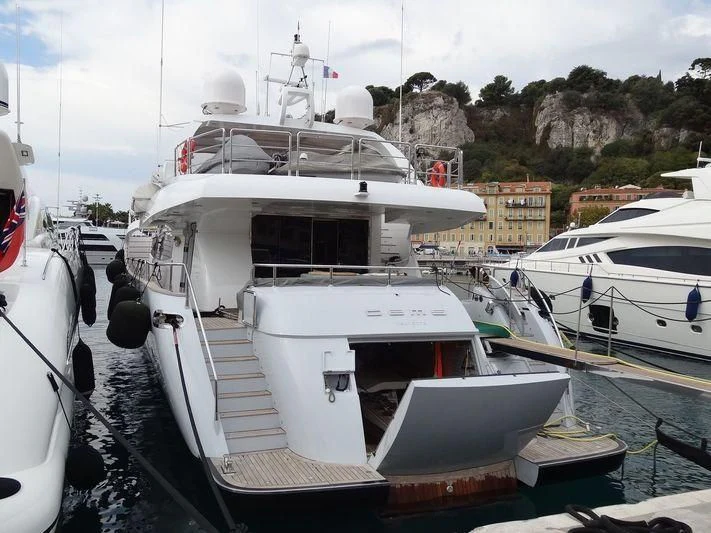 a boat docked in a harbor aboard KHALILI Yacht for Sale