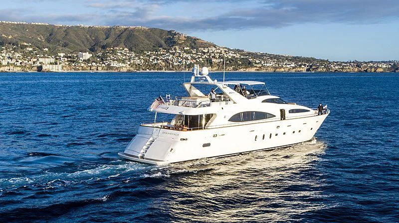 a white boat on the water aboard SHAMBHALA Yacht for Sale