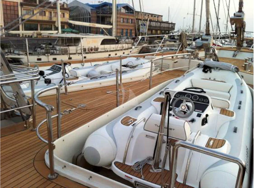 a large white boat with many white sails aboard PERSEUS Yacht for Sale