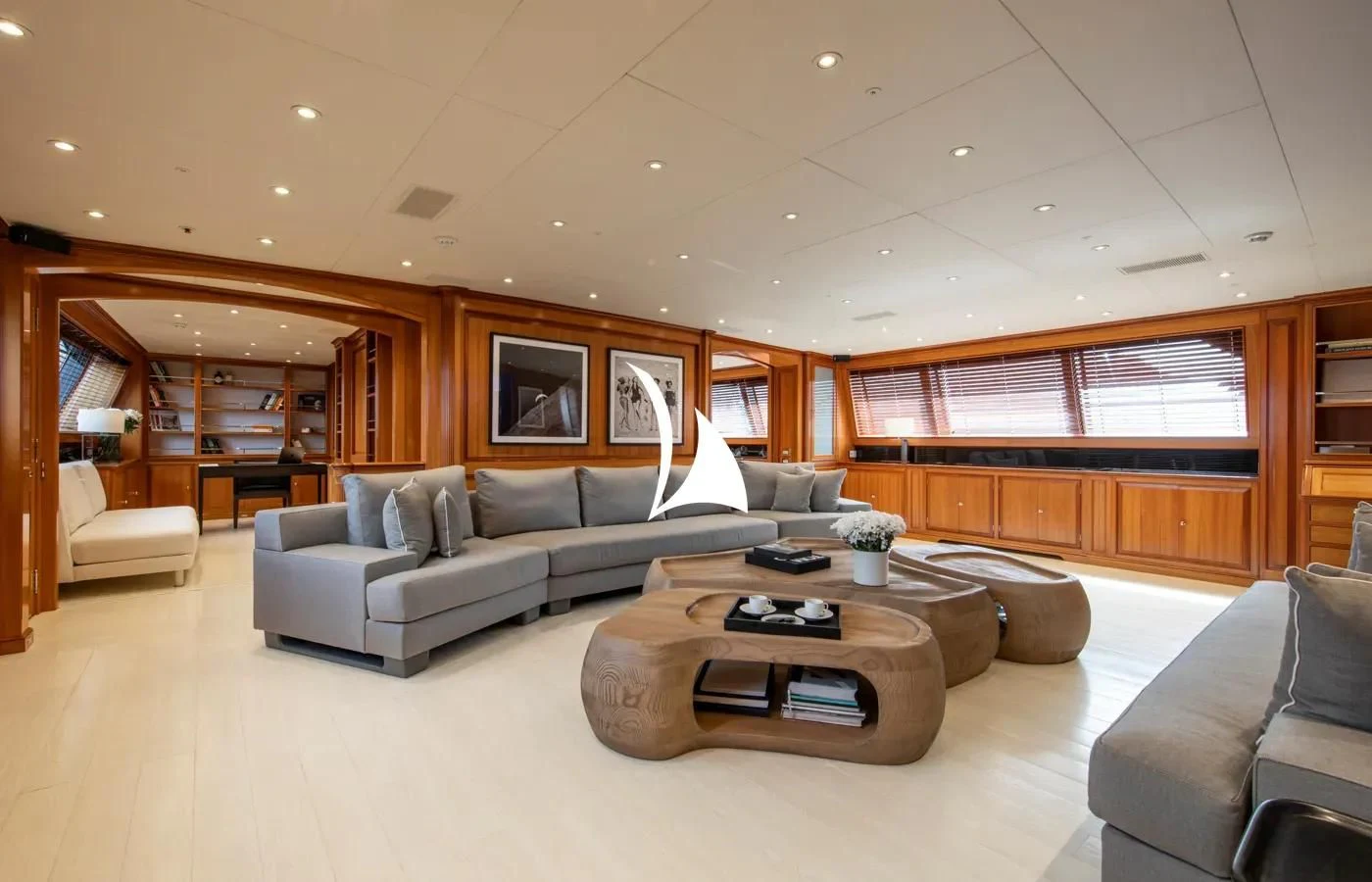 a living room with a large window aboard PERSEUS Yacht for Sale