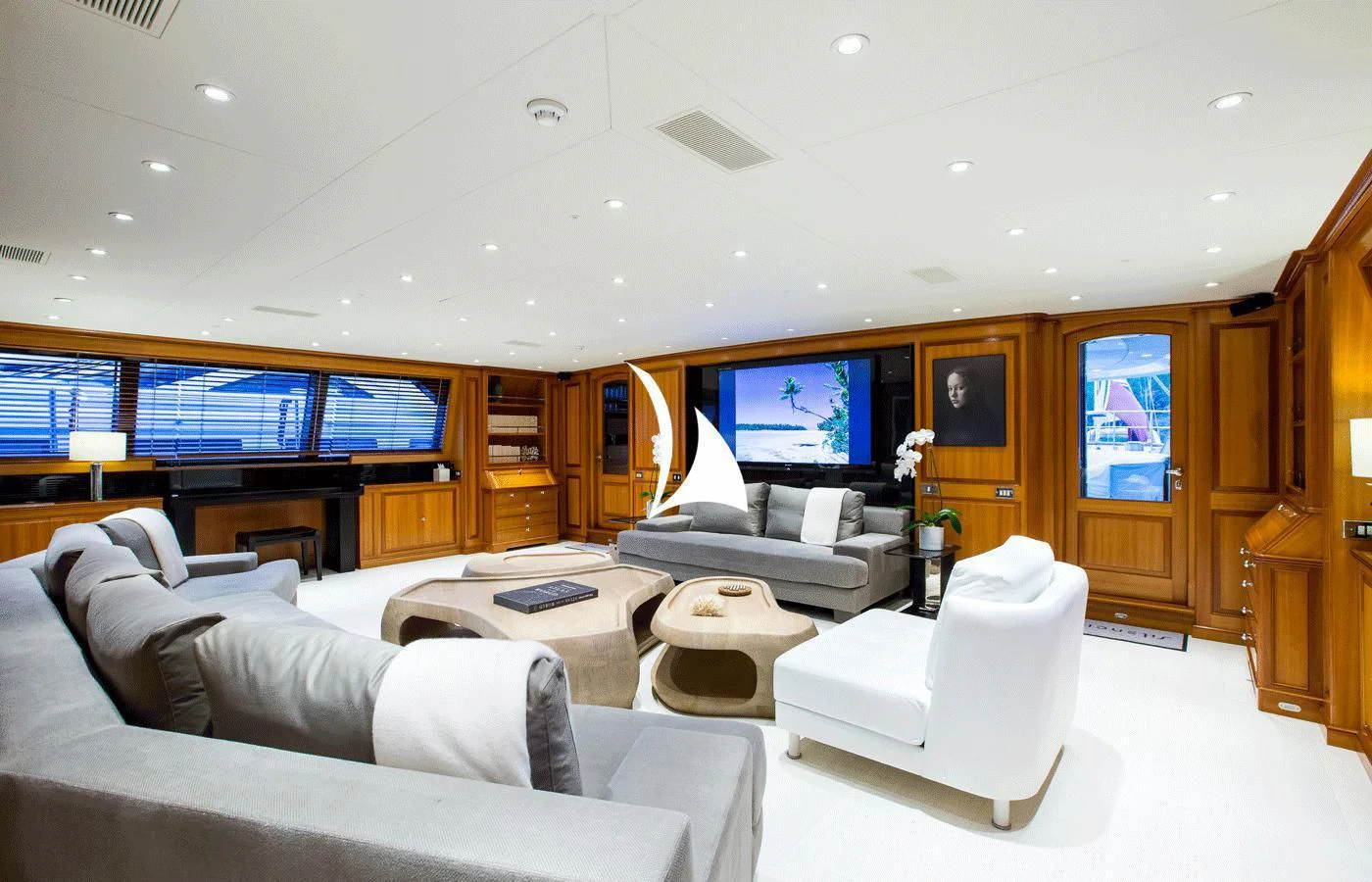 a living room with a large window aboard PERSEUS Yacht for Sale