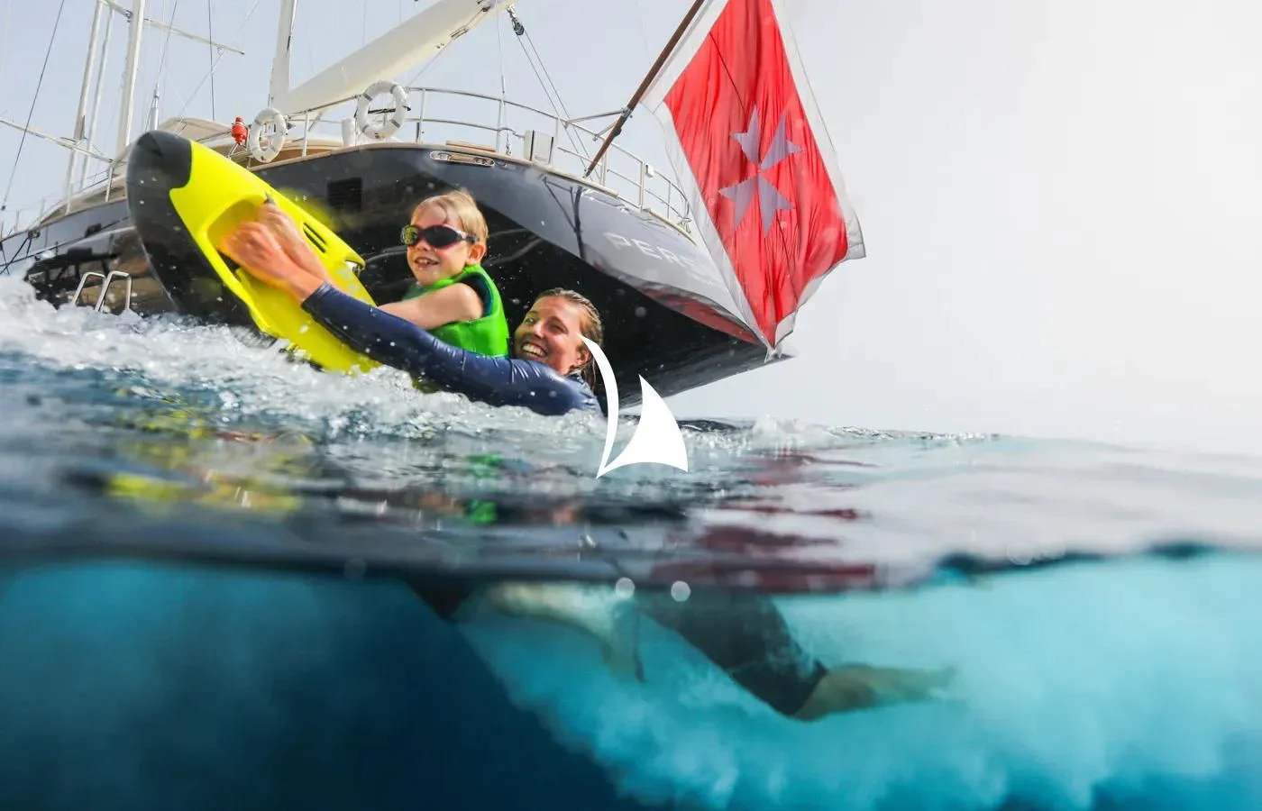 a couple of people on a sailboat aboard PERSEUS Yacht for Sale