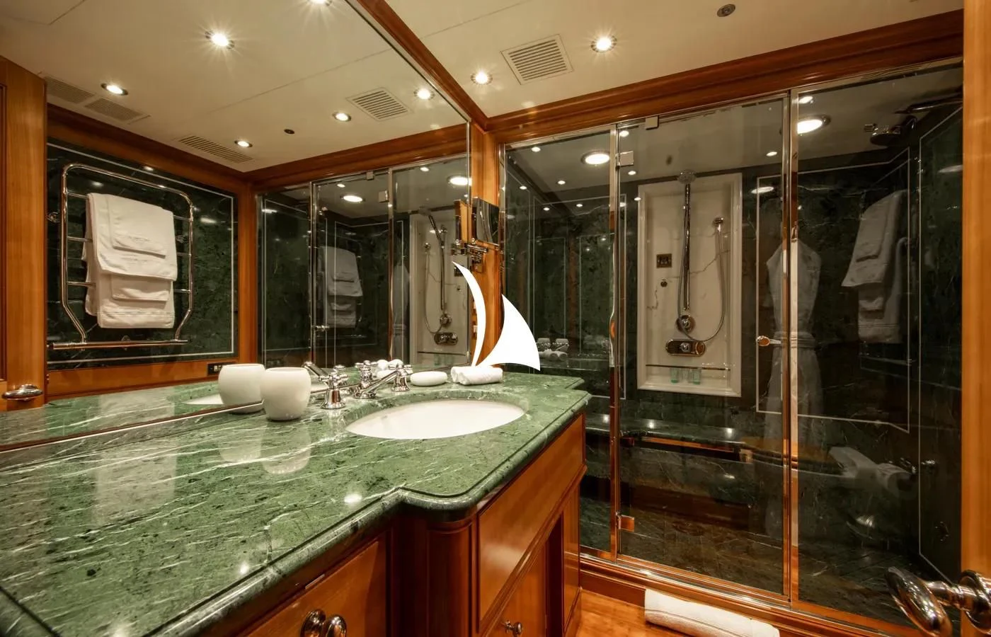 a bathroom with a large glass shower aboard PERSEUS Yacht for Sale