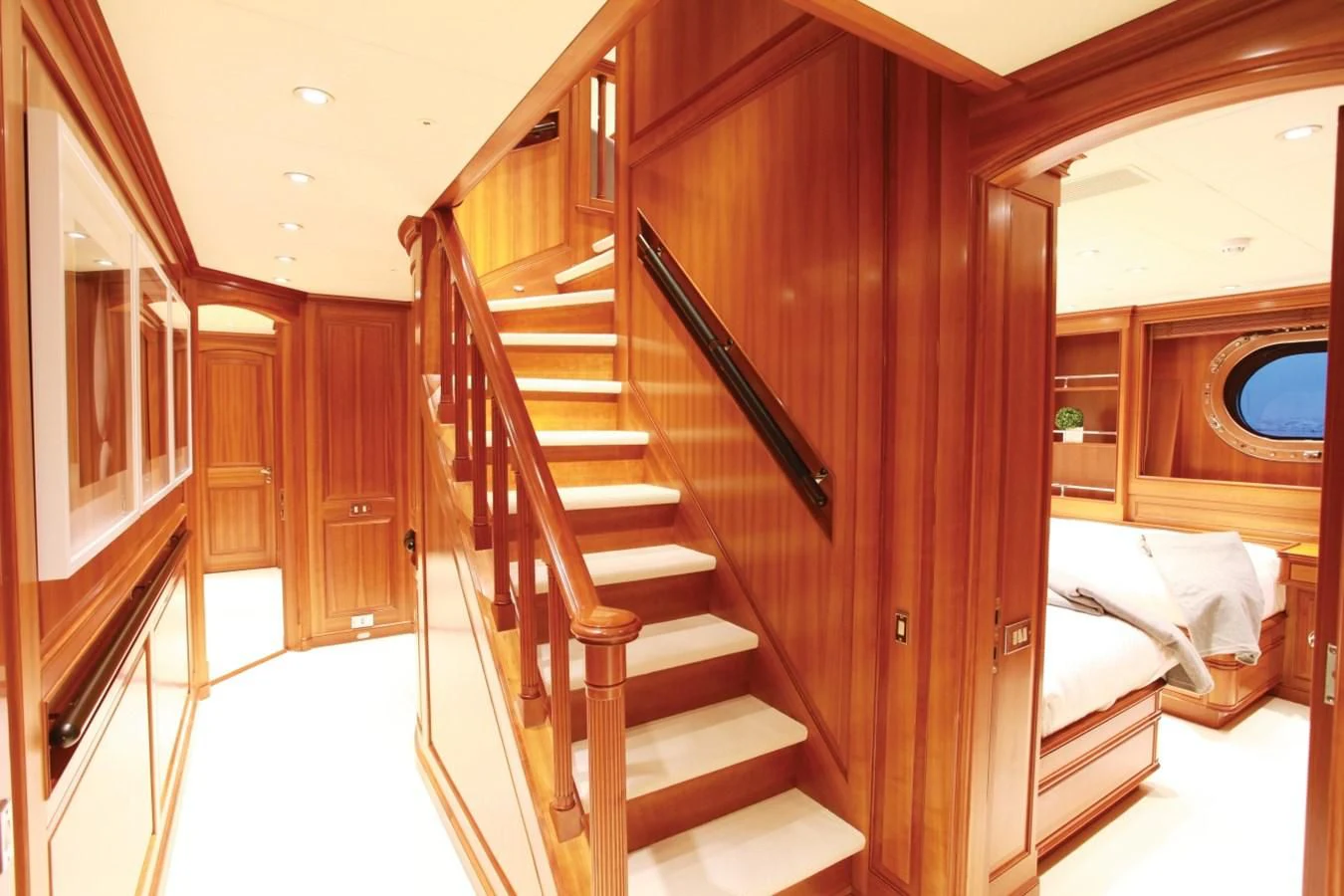 a wooden staircase in a room aboard PERSEUS Yacht for Sale