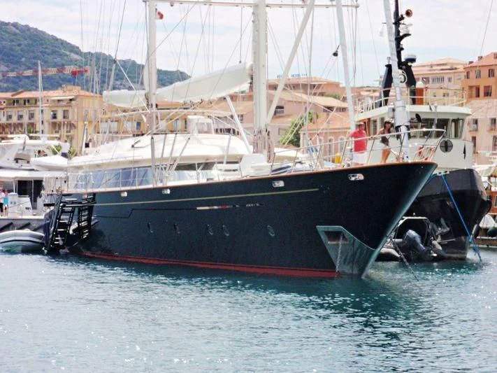 a boat docked at a pier aboard PERSEUS Yacht for Sale
